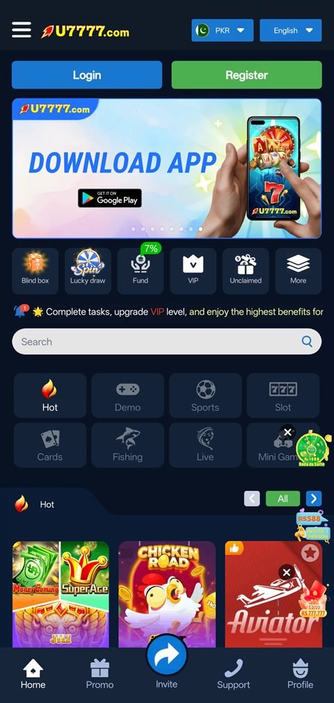 u7777 home screen with login, register, search and game categories