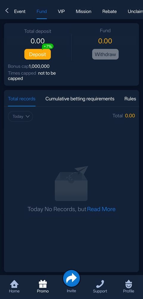 u7777 fund screen showing deposit totals and transaction records