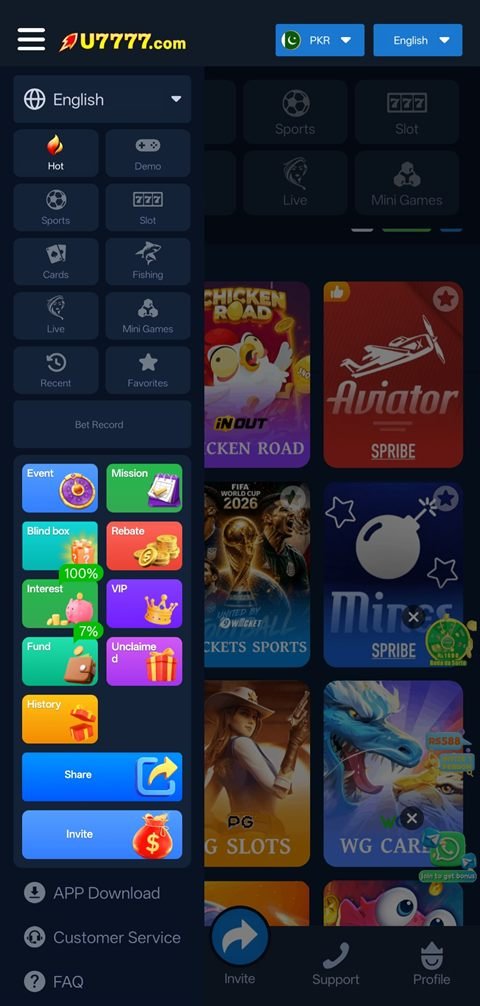u7777 game lobby with slot, cards, fishing and live categories